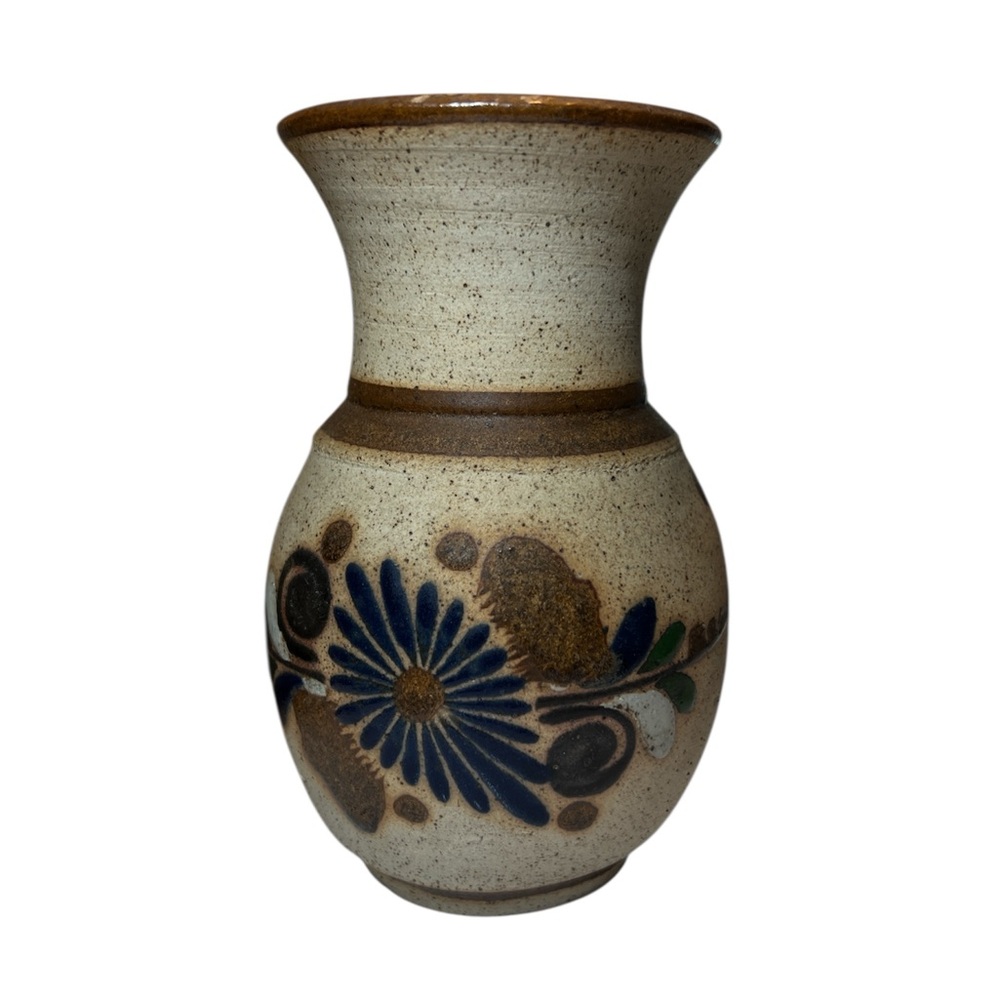 Handcrafted Mexican Ceramic Vase with Blue Floral Design 5.5” high